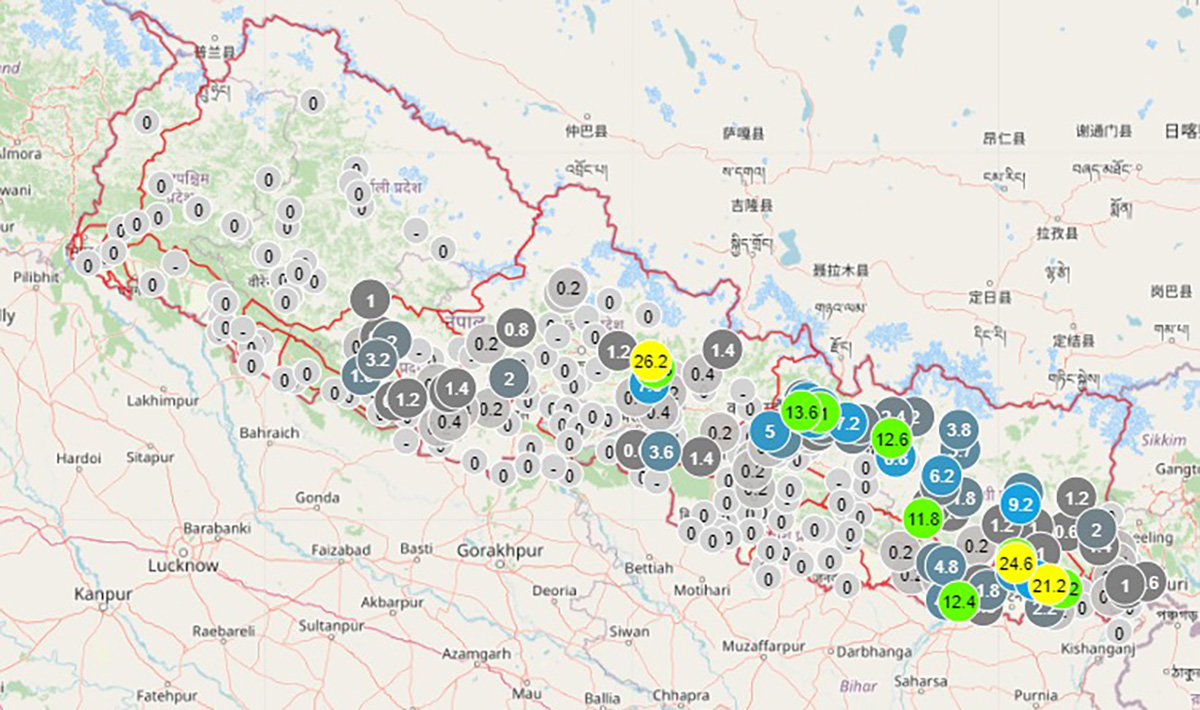 कोशी, मधेस, बागमती र गण्डकी प्रदेशका केही स्थानमा भारी वर्षा हुने